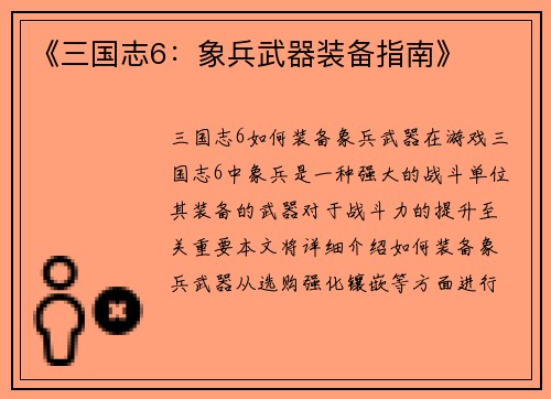 《三国志6：象兵武器装备指南》